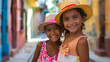 Smiling and joyful girls on the streets of Havana. Sunny day, colorful clothes. Summer and holiday scenery in Cuba.