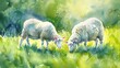 Peaceful watercolor sheep grazing in a verdant meadow