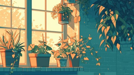 Wall Mural - Illustration of a window adorned with lush indoor plants