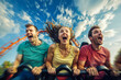 People on a roller coaster thrill ride, intentional motion blur, theme park, summer fun, vacation