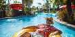 Senior citizen floating on a lazy river ride inner tube at a water park, vacation, tropical, retirement, travel, wide