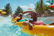 Senior citizens floating on a lazy river ride inner tube at a water park, vacation, tropical, retirement, travel