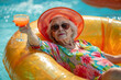 Senior citizen woman holding up a cocktail drink floating on a lazy river ride inner tube at a water park, vacation, tropical, retirement, travel