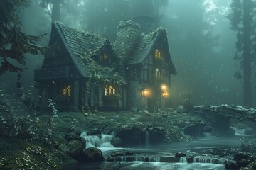 Poster - a house with a waterfall in the middle of a forest