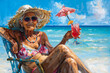 Senior citizen woman in a bikini with a cocktail drink and straw hat on the sunny tropical beach, painting, vacation, tropical, retirement, travel