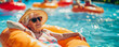 Senior citizen woman floating on a lazy river ride inner tube at a water park, vacation, tropical, retirement, travel, copyspace, wide