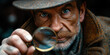 adult investigator man detective with a mustache in hat looks through a magnifying glass closeup