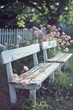 © antusher - Two white benches with pink flowers in the background