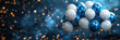 Blue and white balloons on the top side of the frame with sparkles high detailed background, in the style of dark blue background.