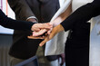 Unity and teamwork - Professional business team hands together celebrate success work. Unity and teamwork concept.