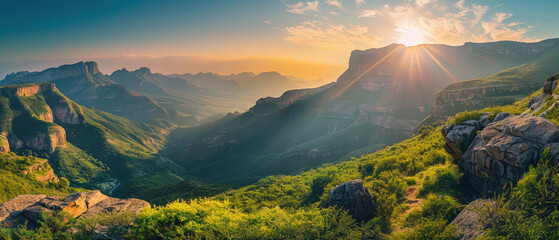 Wall Mural - a beautiful mountain landscape with a bright sun shining on the mountains