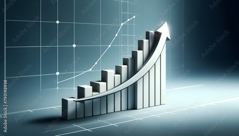 concept of economic growth, a three-dimensional digital graph with a rising curve, glowing points, and vertical lines to give a sense of depth and dynamic movement.