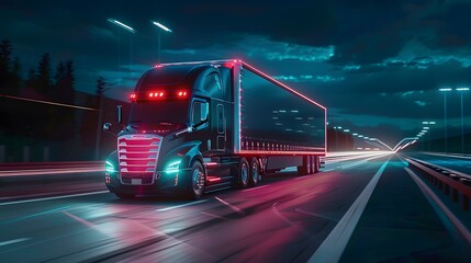 Futuristic Technology Concept: Autonomous Semi Truck with Cargo Trailer Drives at Night on the Road with Sensors Scanning Surrounding. Special Effects of Self Driving Truck Digitalizing Freeway