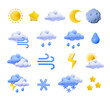 3d weather icons, Cartoon cloud, sun, moon drops and snowflakes. Wind symbol, raindrops. Isolated vector set