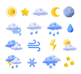 3d weather icons, cartoon cloud, sun, moon drops and snowflakes. wind symbol, raindrops. isolated ve