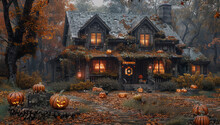 Halloween Night, Halloween Pumpkins Around The House, Forest In Background. Created With Ai