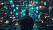© lomonony - hacker man working with floating security data visualization screen network
