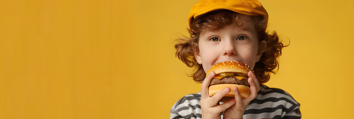 portrait of a kid eating delicious hamburger on color background, 