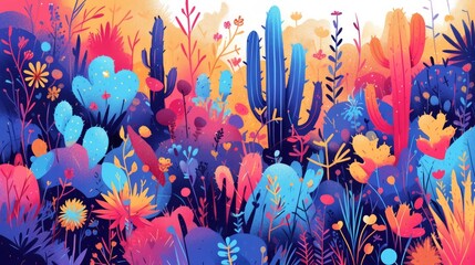 Canvas Print - Vibrant 2d illustration featuring a striking design of colorful cacti and succulents