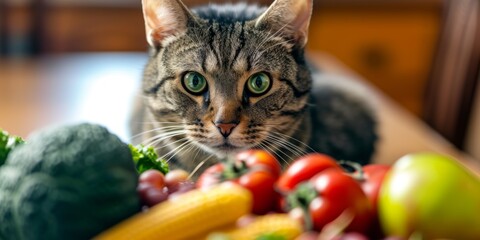 Wall Mural - Portrait of a cat with fruits and vegetables around him. Healthy food concept. Generative AI.