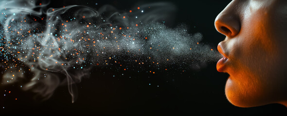 Side view of a person exhaling a cloud of glittering, sparkling dust, symbolizing breath or life force.