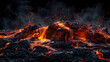 Red lava flow isolated on black background. fiery magma with sparks and smoke in the air. Fire concept for design banner