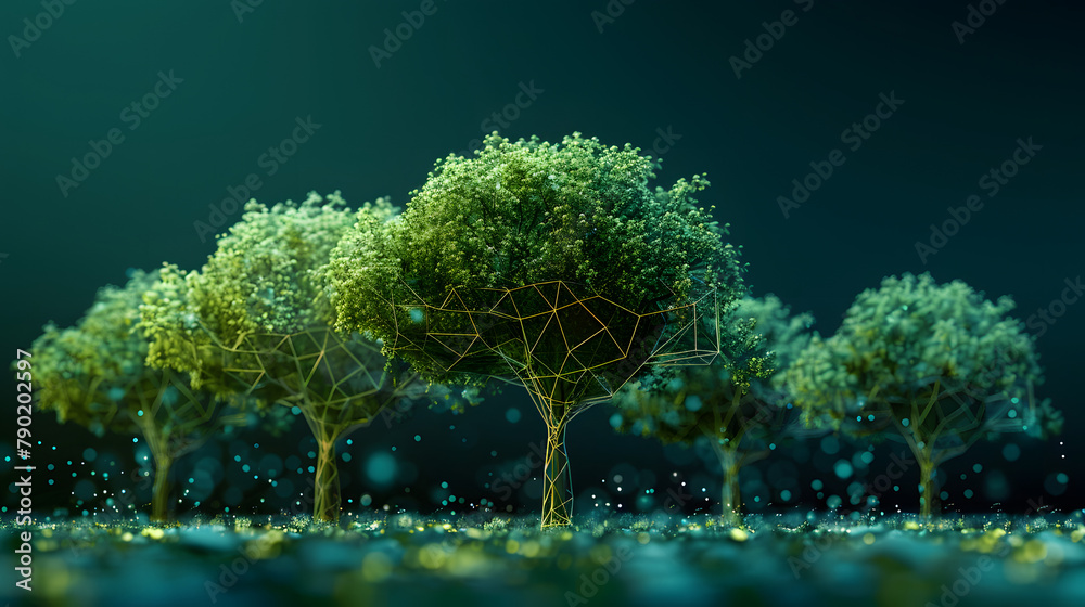 Tree concept made of low poly wireframe on a blue background. Trees ...