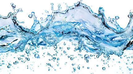  Water wave splash isolated on white background. blue water flow with bubbles and drops in the air. Water concept for design banner