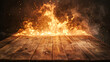 A serene wooden table disrupted by a burning edge with flames smoke and sparks adding an element of danger and excitement