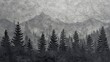 Monochromatic, textured mountain and trees landscape in charcoal gray