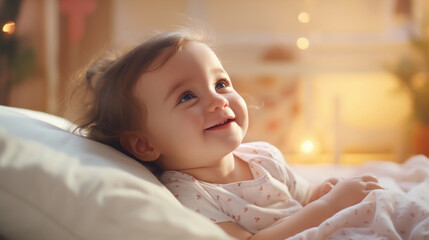 Canvas Print - adorable infant girl smiling on bed