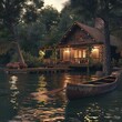 A quaint lakeside cabin with a canoe docked at the pier