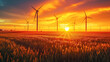 Wind turbines farm with green areas in the background at sunset, clean energy concept