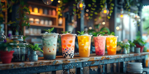 Assortment of glasses of Bubble teas on the stand in milk bar.