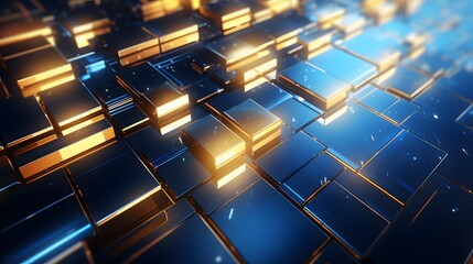 3d rendering of gold and blue abstract geometric background. Scene for advertising, technology, showcase, banner, game, sport, cosmetic, business, metaverse. Sci-Fi Illustration. Product display