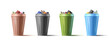 Set of realistic colored metal round garbage cans, 3D. Vector
