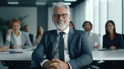 An elderly businessman with a smile is seated in an office with colleagues.