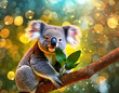 A koala is sitting on a tree branch. The tree is green and the sky is blue