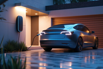 Wall Mural - Electric car in the ambient light of twilight charges at a sleek wall-mounted charging unit outside a contemporary home.