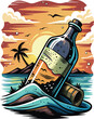Bottle of rum on the seashore. Vector illustration.