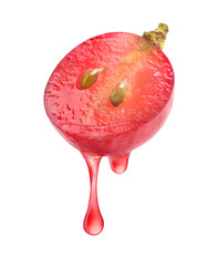 Wall Mural - Red grape juice dripping from cut in half isolated on white background.