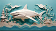 great white shark with open jaws in paper art style on an imaginary background in vibrant pastel colors
