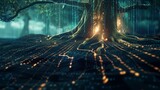 Fototapeta  - An imaginative portrayal of a majestic tree whose roots merge seamlessly with digital circuitry, symbolizing the intricate connection between nature and technology.