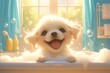 A playful puppy enjoying the soap and bubbles in its bathtub, with its tongue lolling out as it sits amidst fluffy foam.