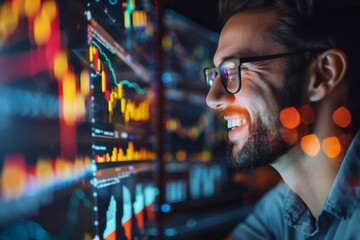 Poster - A stylistic shot of a trader's profile as he intensely studies financial data graphs on digital displays, symbolizing analysis and strategy