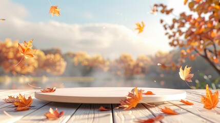 Wall Mural - Autumn 3D render: bright maple leaves on a wooden podium, surrounded by a blurry forest and a pond in the golden tones of a sunset. Ideal for decoration, advertising and web design.