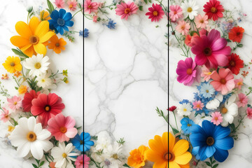 Wall Mural - Home wall art decor, colorful marble background with spring flowers in middle silhouette, home decor ready to print