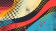 A vibrant abstract graphic with halftone and paint splatter elements