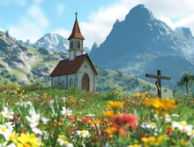 A Small White Church With A Red Roof Sits In A Field Of Flowers. The Scene Is Peaceful And Serene, With The Mountains In The Background Adding To The Sense Of Tranquility