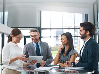 Poster - Conversation, people and happy in office with tablet for business report or online growth with information sharing. Manager, employees and paperwork to show feedback, corporate and career in sales.